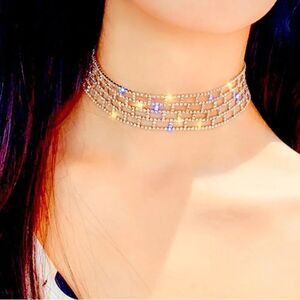 Silver Hollow Out Lattice Sparkling Rhinestone Wide Choker Necklace NEW